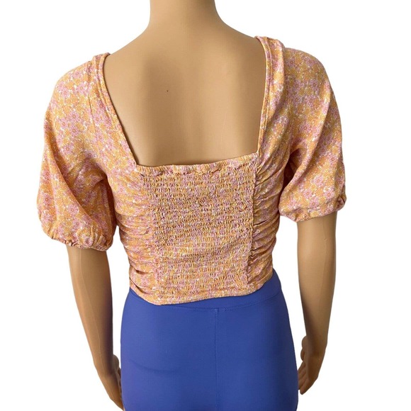 H&M Pink Yellow Cottagecore Floral Print Smocked Peasant Style Crop Top Sz Small - Picture 3 of 6